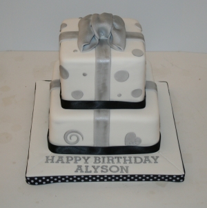 Two tier present cake - black, white &amp; silver