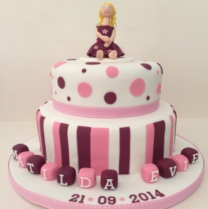 Spots and stripes 2 tier pink christening cake