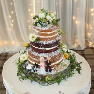 3 tier &#039;naked&#039; wedding cake with fresh flowers &amp; sugar figures